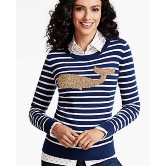 Talbots Womens Striped Knit Sweater XS Gold Whale Applique Navy Blue Nautical - Picture 1 of 10